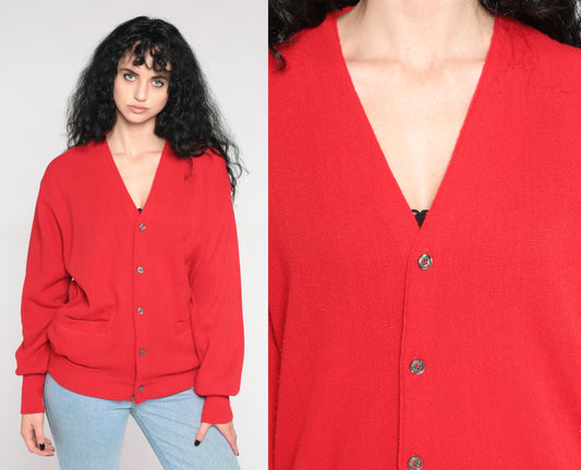80s Red Knit Cardigan V-Neck Button-Up Sweater Large L