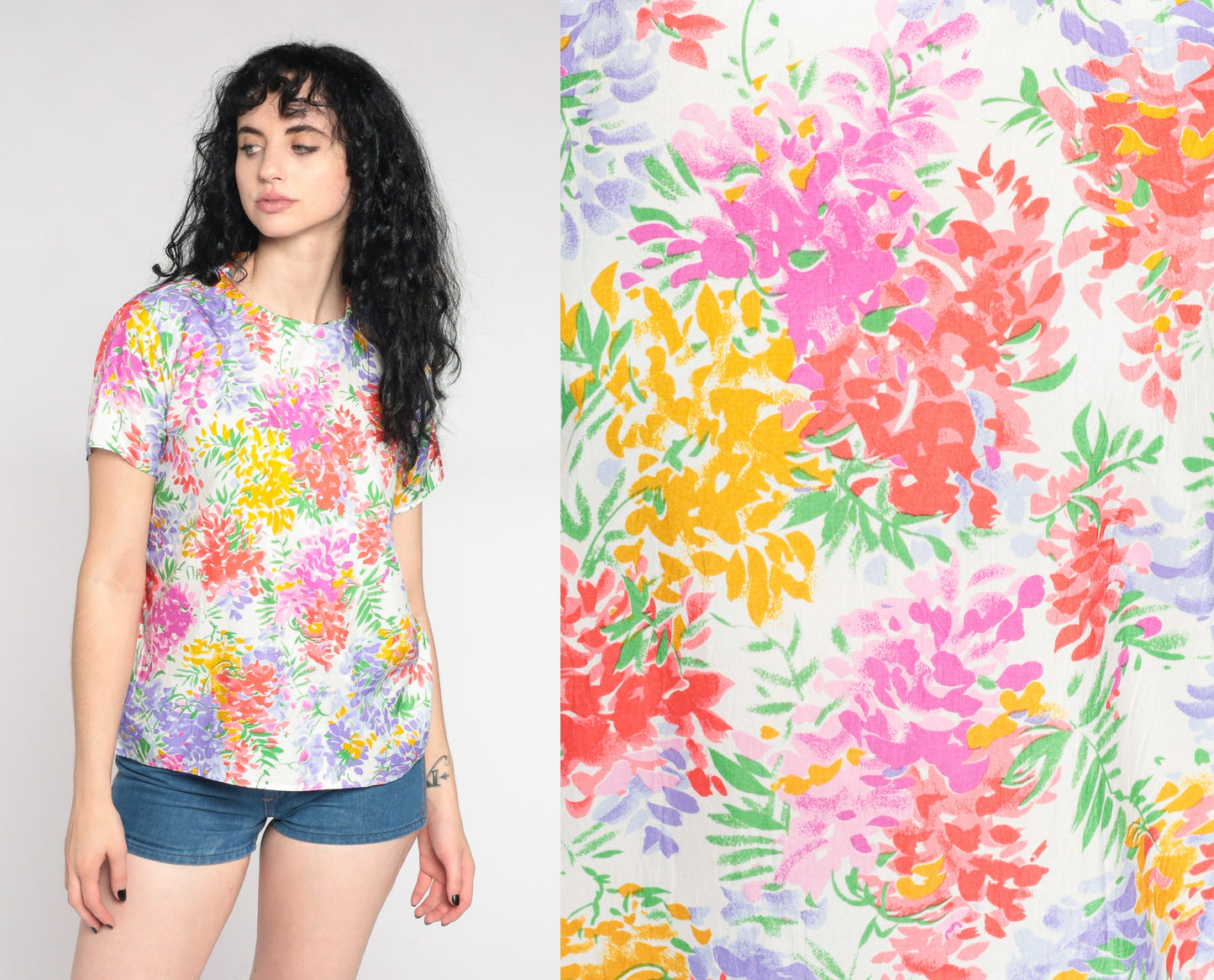 90s White Floral Pullover Blouse Short Sleeve Botanical Print Large L