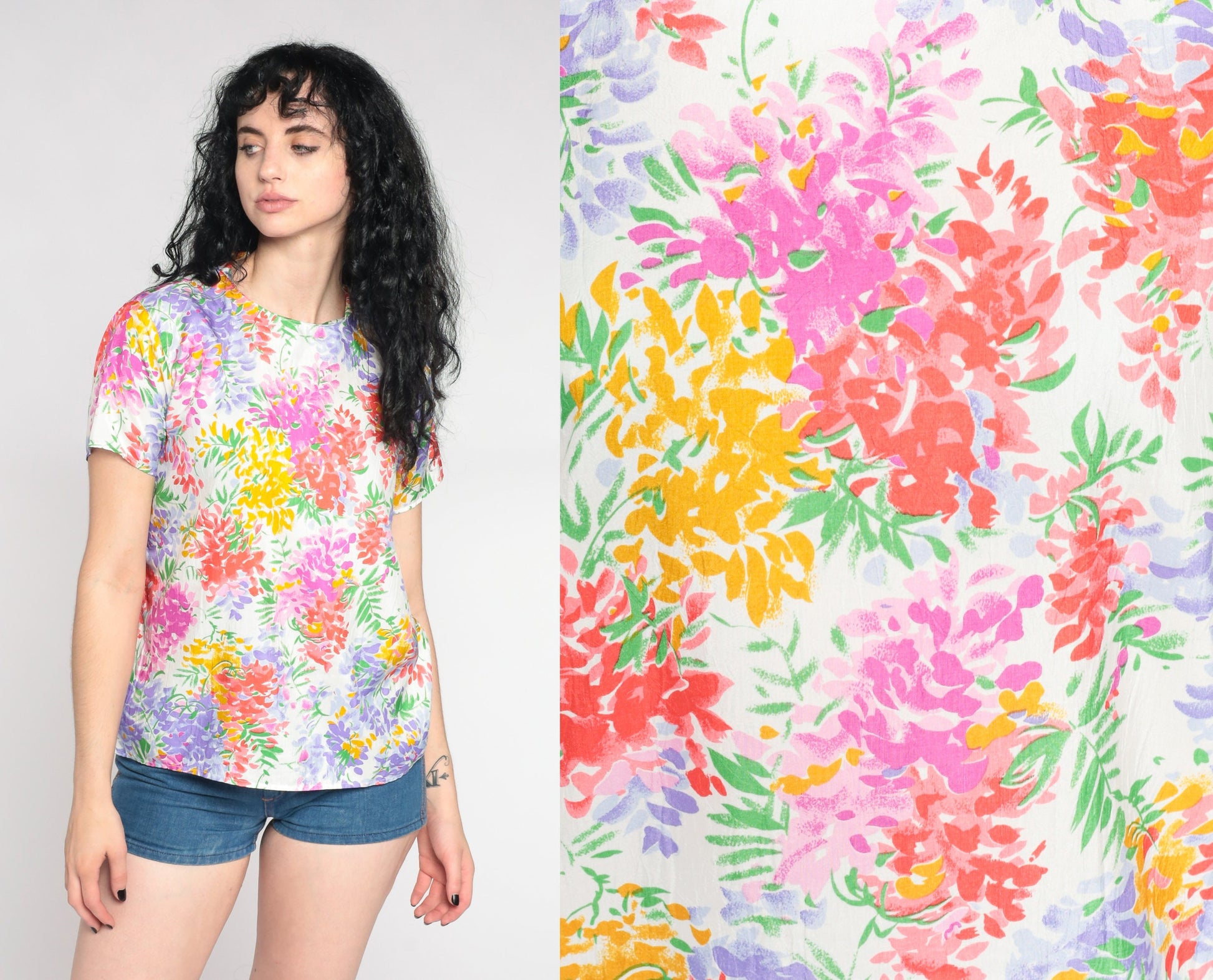 90s White Floral Pullover Blouse Short Sleeve Botanical Print Large L