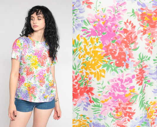 90s White Floral Pullover Blouse Short Sleeve Botanical Print Large L