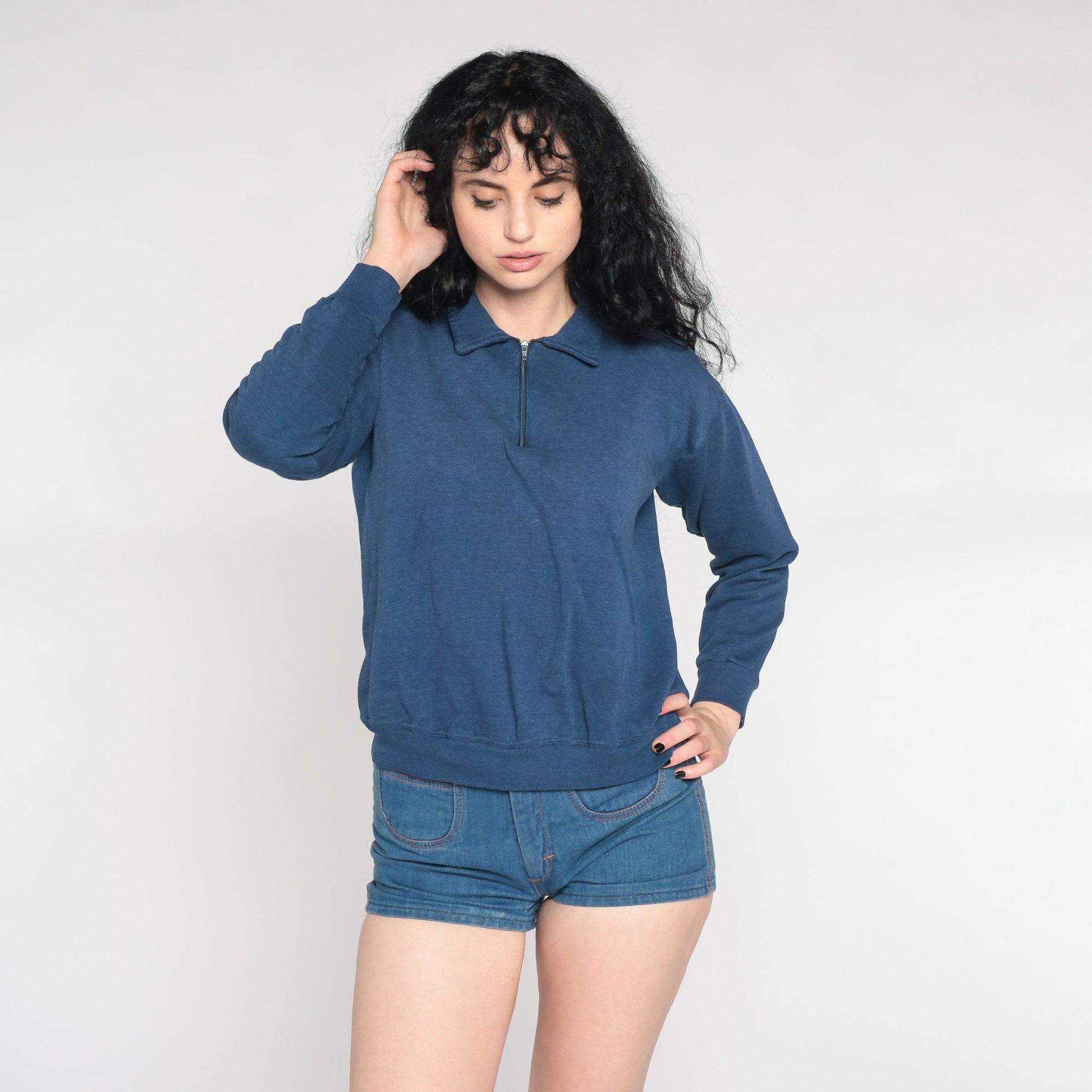 90s Blue Quarter Zip Collared Pullover Sweatshirt Plain Medium M
