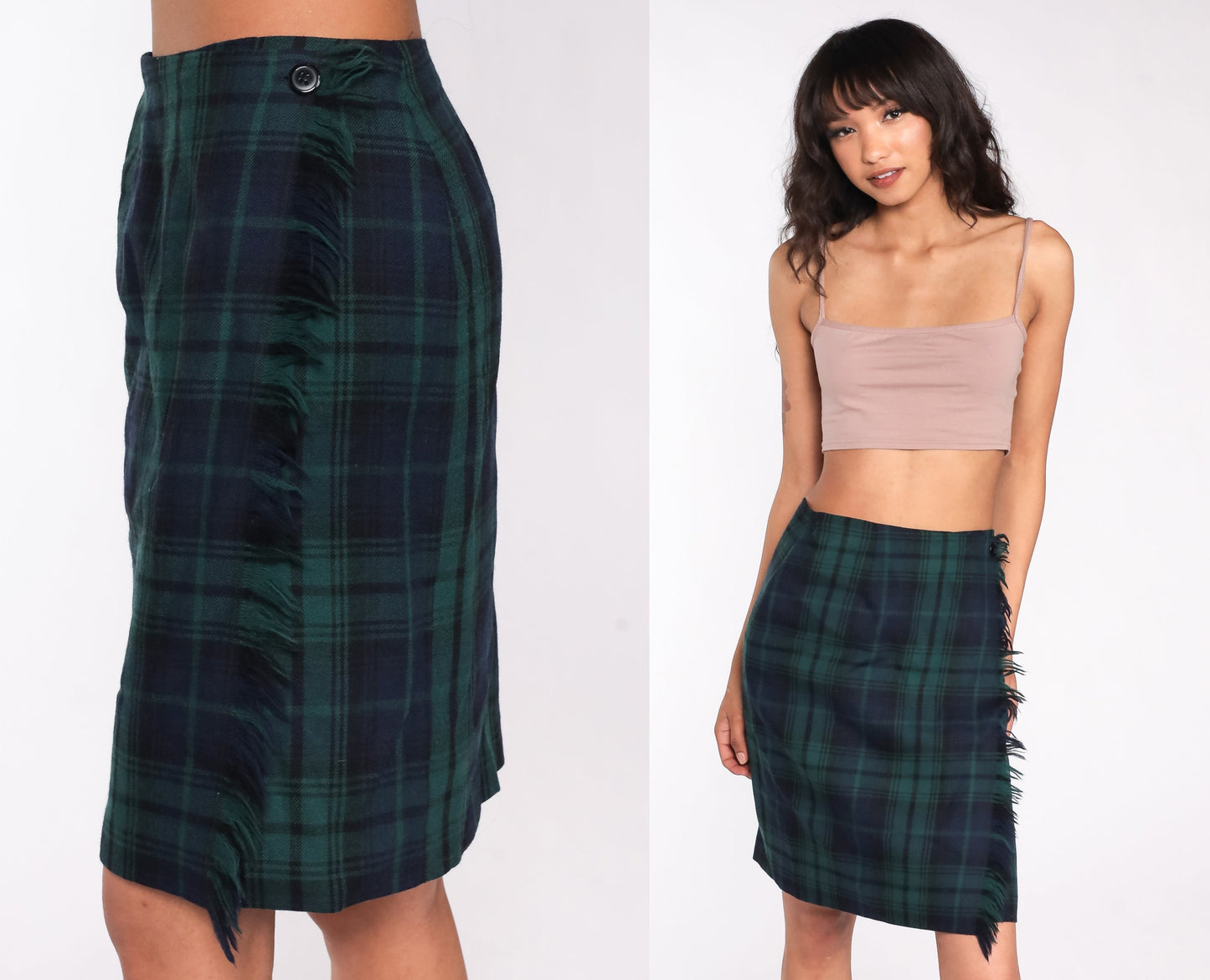 90s Wool Plaid Mini Pencil Skirt Navy Green High Waist Small 6