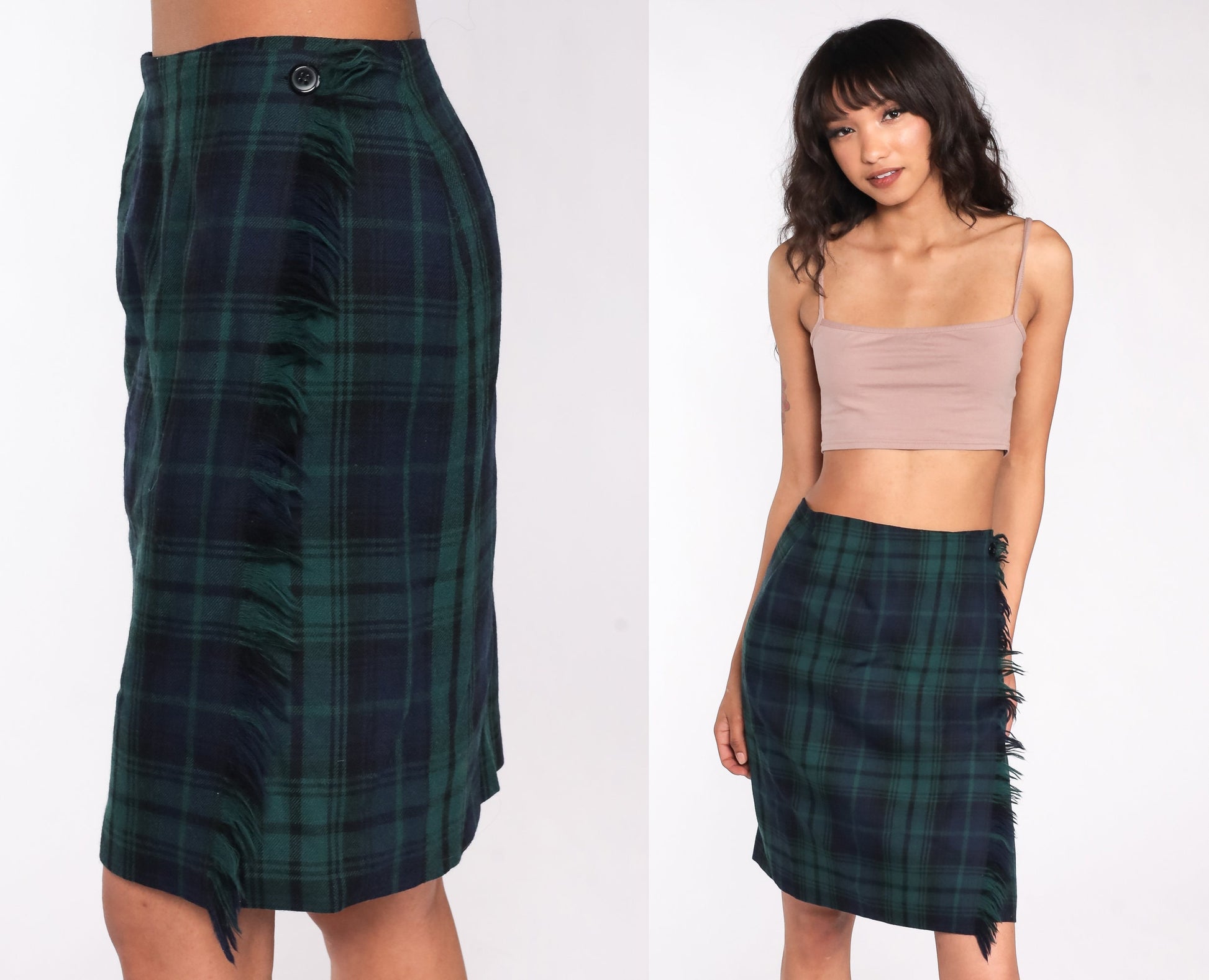 90s Wool Plaid Mini Pencil Skirt Navy Green High Waist Small 6