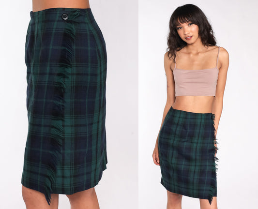 90s Wool Plaid Mini Pencil Skirt Navy Green High Waist Small 6