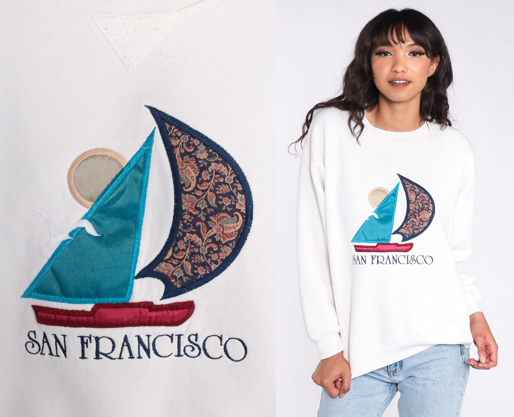 90s San Francisco Sailboat Sweatshirt White Nautical Graphic Crewneck Large L