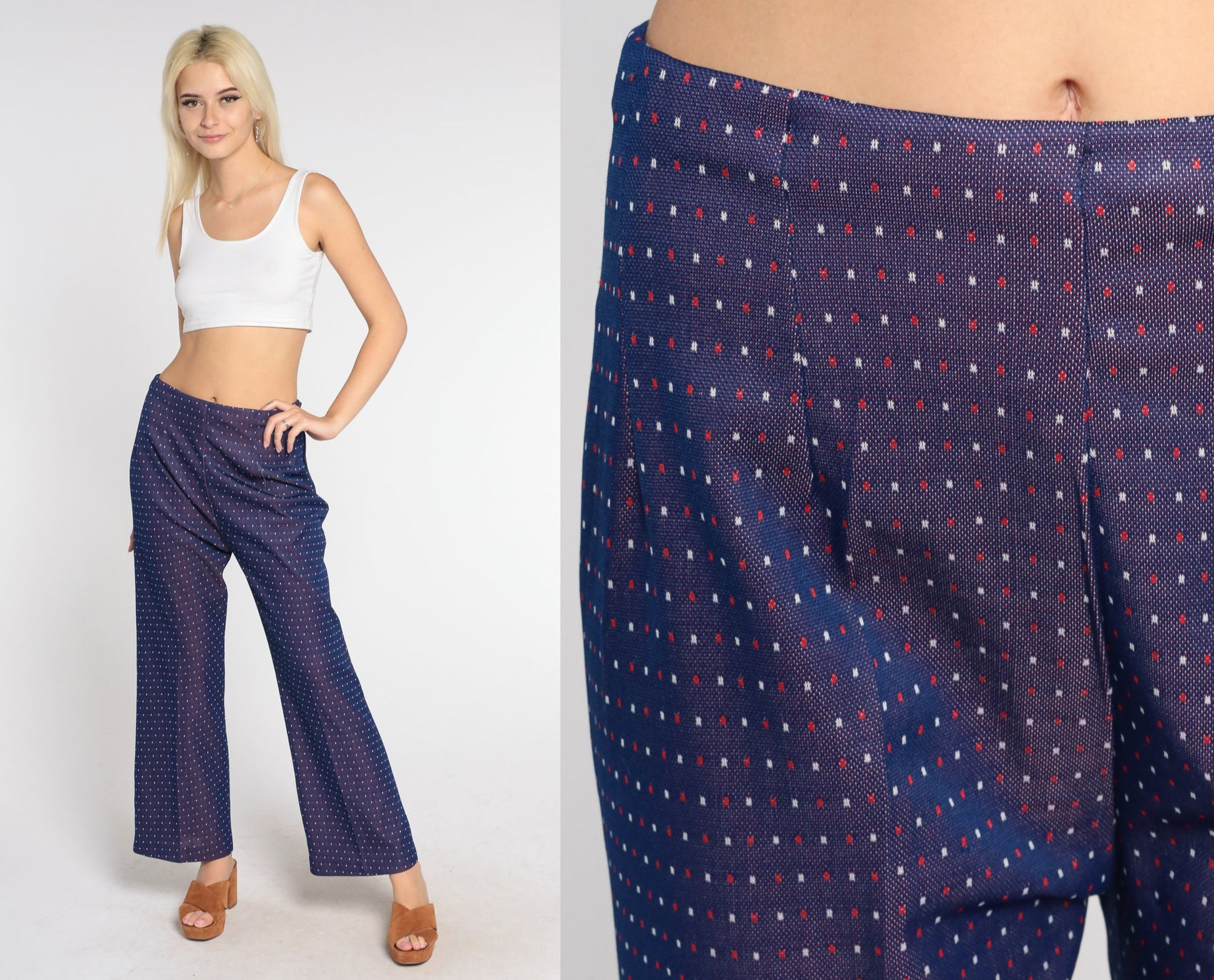 70s Navy Polka Dot Bell Bottom Pants High Waist Flared Trousers Medium Large