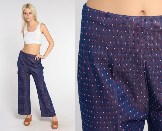 70s Navy Polka Dot Bell Bottom Pants High Waist Flared Trousers Medium Large