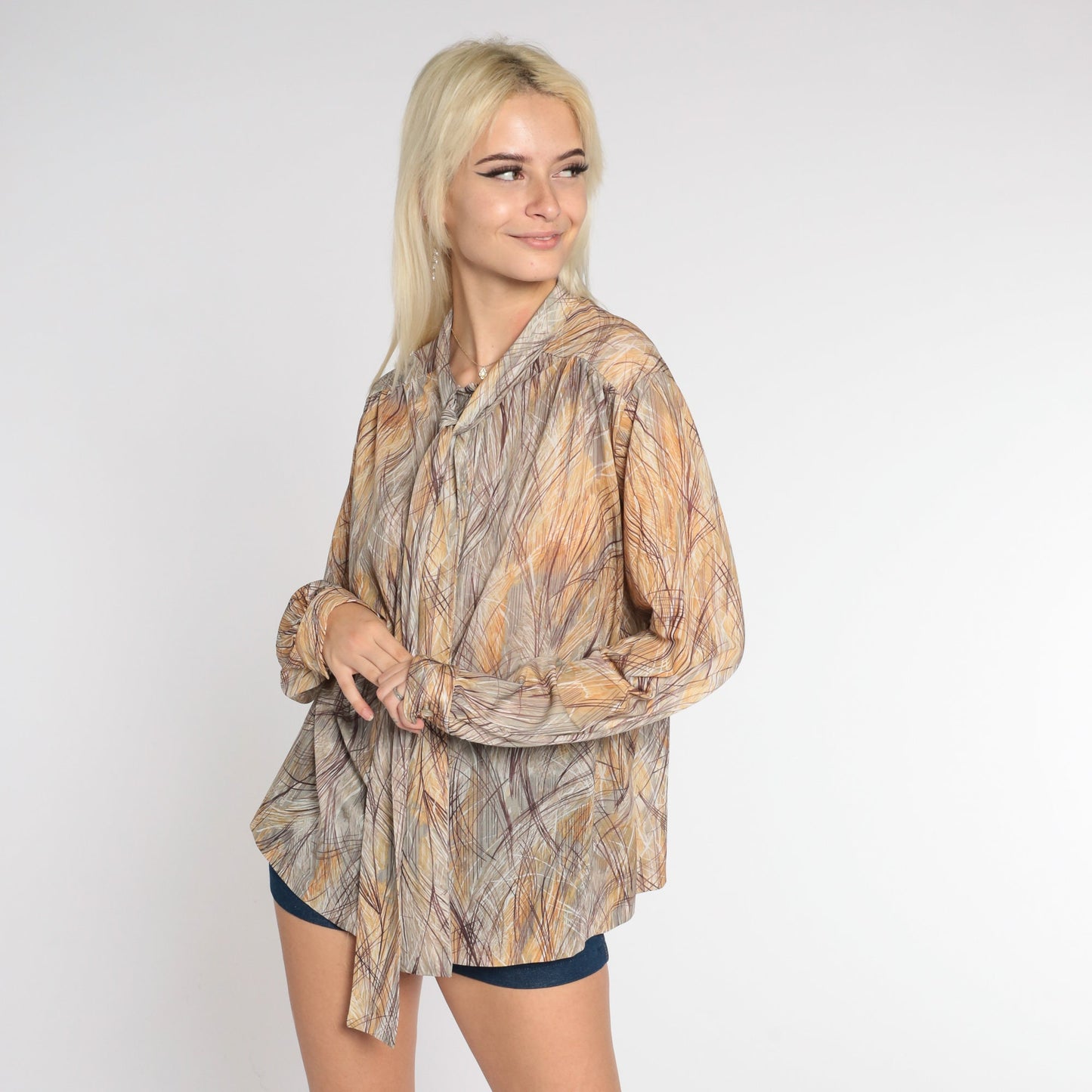 70s Ascot Blouse Brushstroke Print Tie Neck Long Sleeve Tan Brown Large