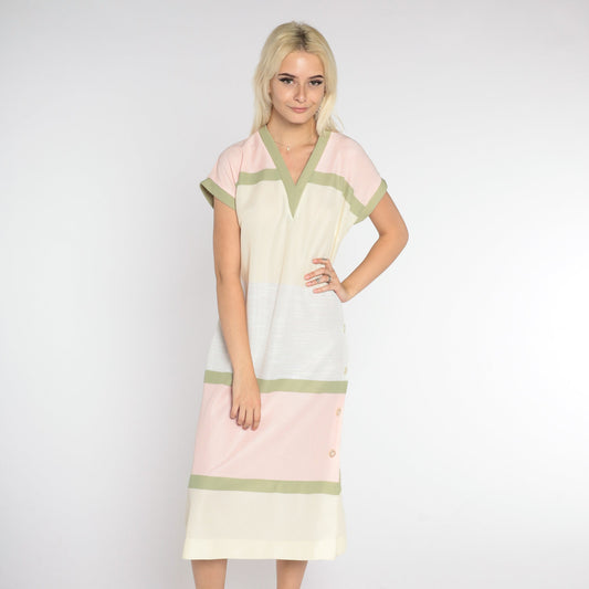 70s Striped Shift Midi Dress Cream Pink Green Grey V Neck Medium