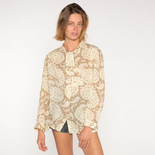 80s Paisley Necktie Blouse Tan Semi-Sheer Button-Up Long Sleeve Large L