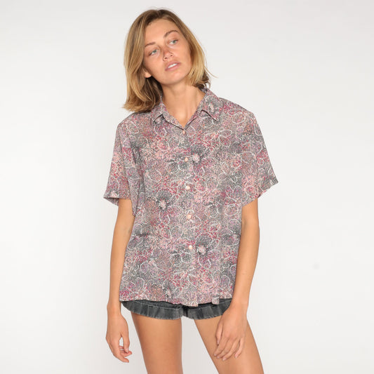 90s Floral Metallic Button-Up Blouse Short Sleeve Collared Shirt Large L