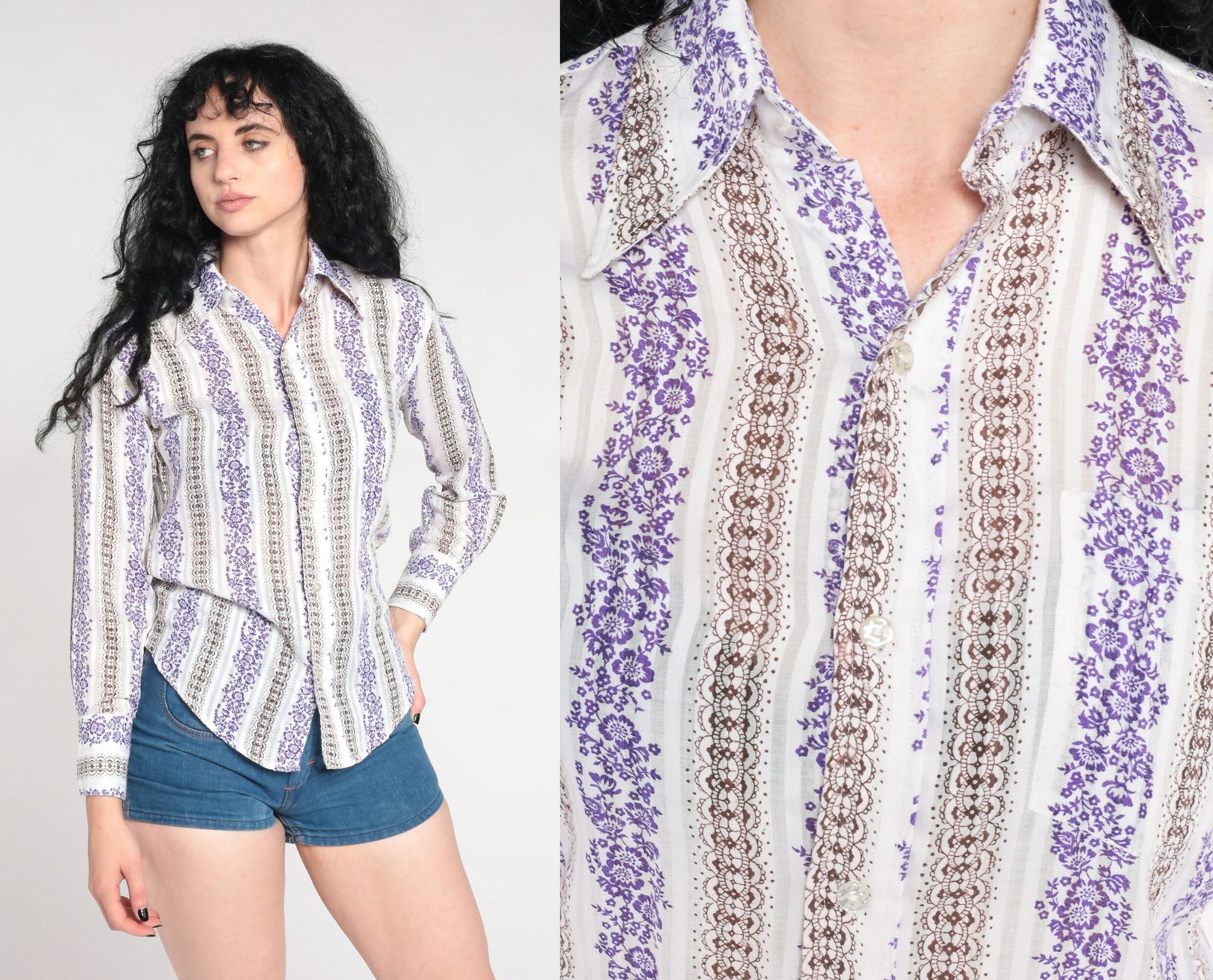 70s Striped Floral Dagger Collar Button-Up Shirt White Purple Small