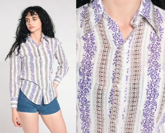 70s Striped Floral Dagger Collar Button-Up Shirt White Purple Small