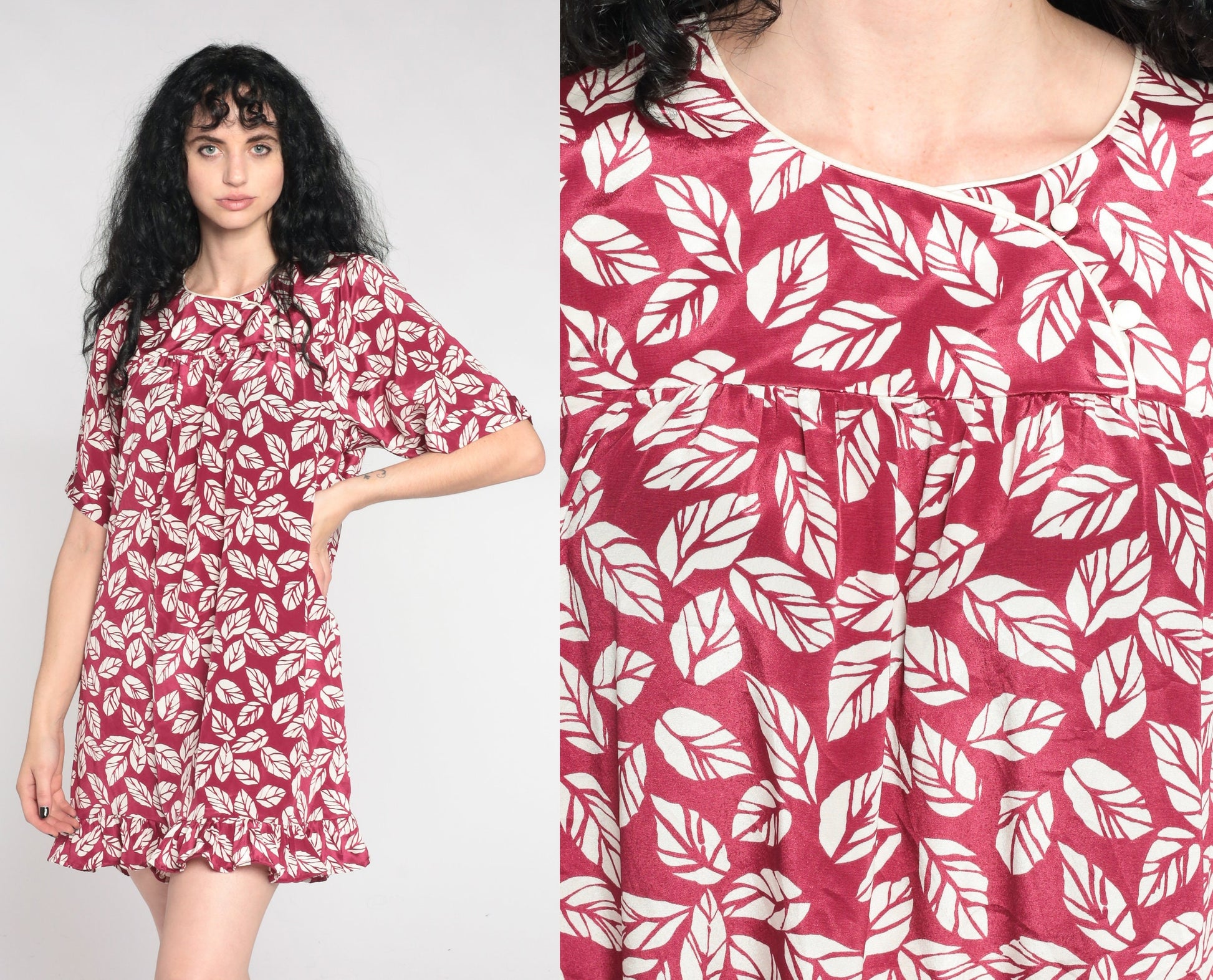 90s Leaf Print Tent Dress Dark Raspberry Red Mini Yoke Short Sleeve Small Medium
