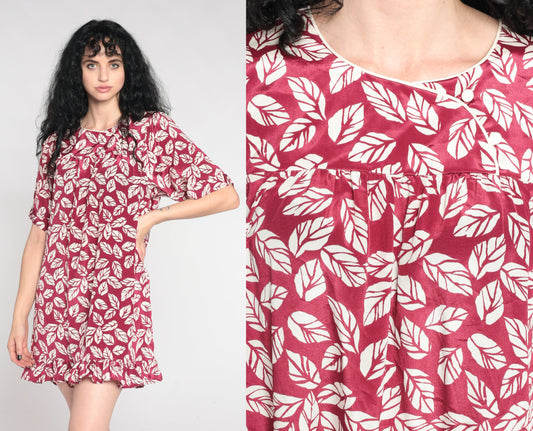 90s Leaf Print Tent Dress Dark Raspberry Red Mini Yoke Short Sleeve Small Medium