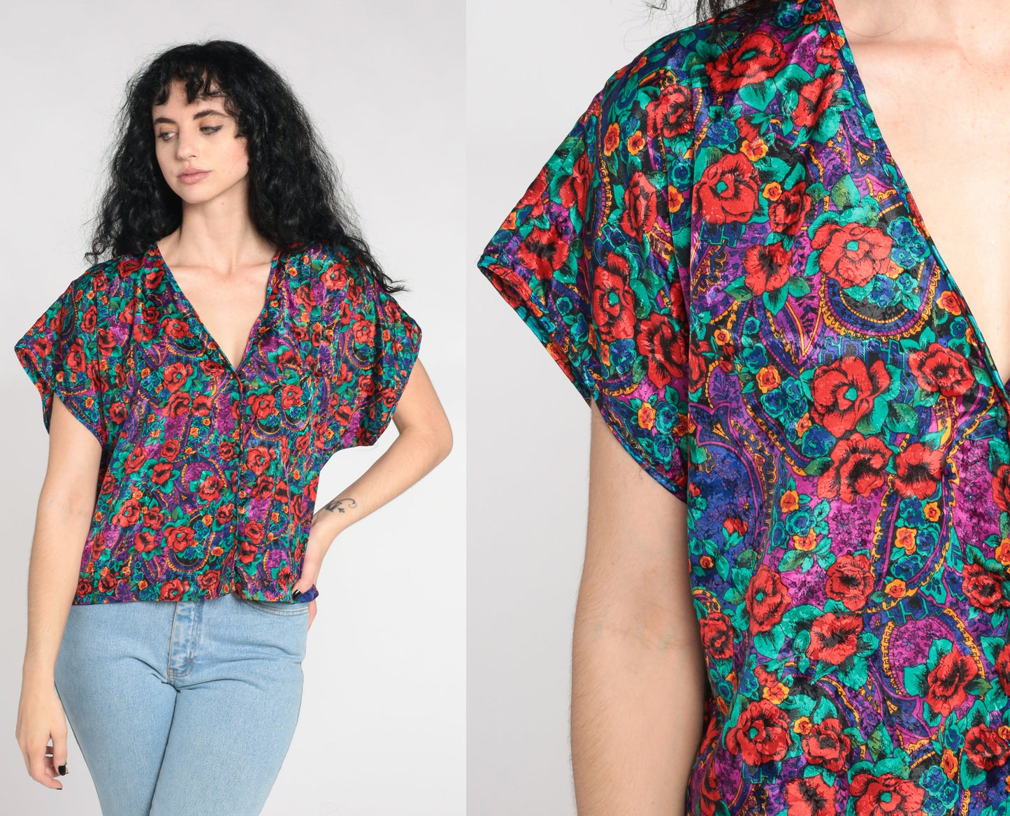 90s Embossed Paisley Floral Satin Pajama Top Button-Up Sleep Shirt Large L