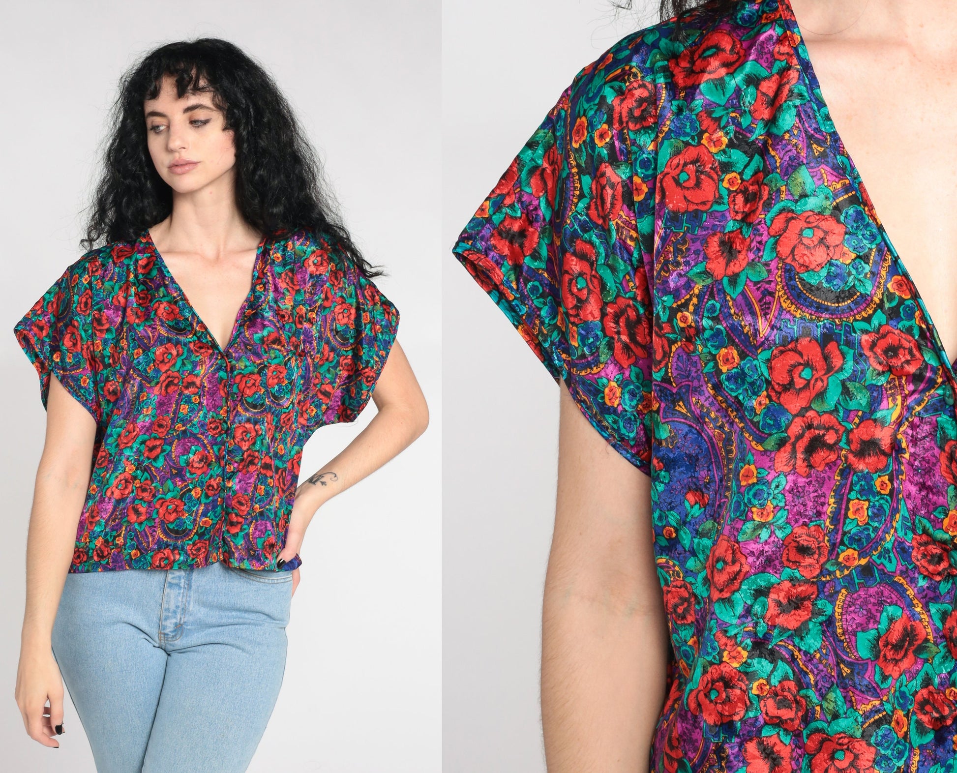 90s Embossed Paisley Floral Satin Pajama Top Button-Up Sleep Shirt Large L