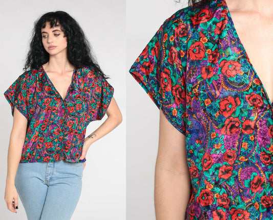90s Embossed Paisley Floral Satin Pajama Top Button-Up Sleep Shirt Large L