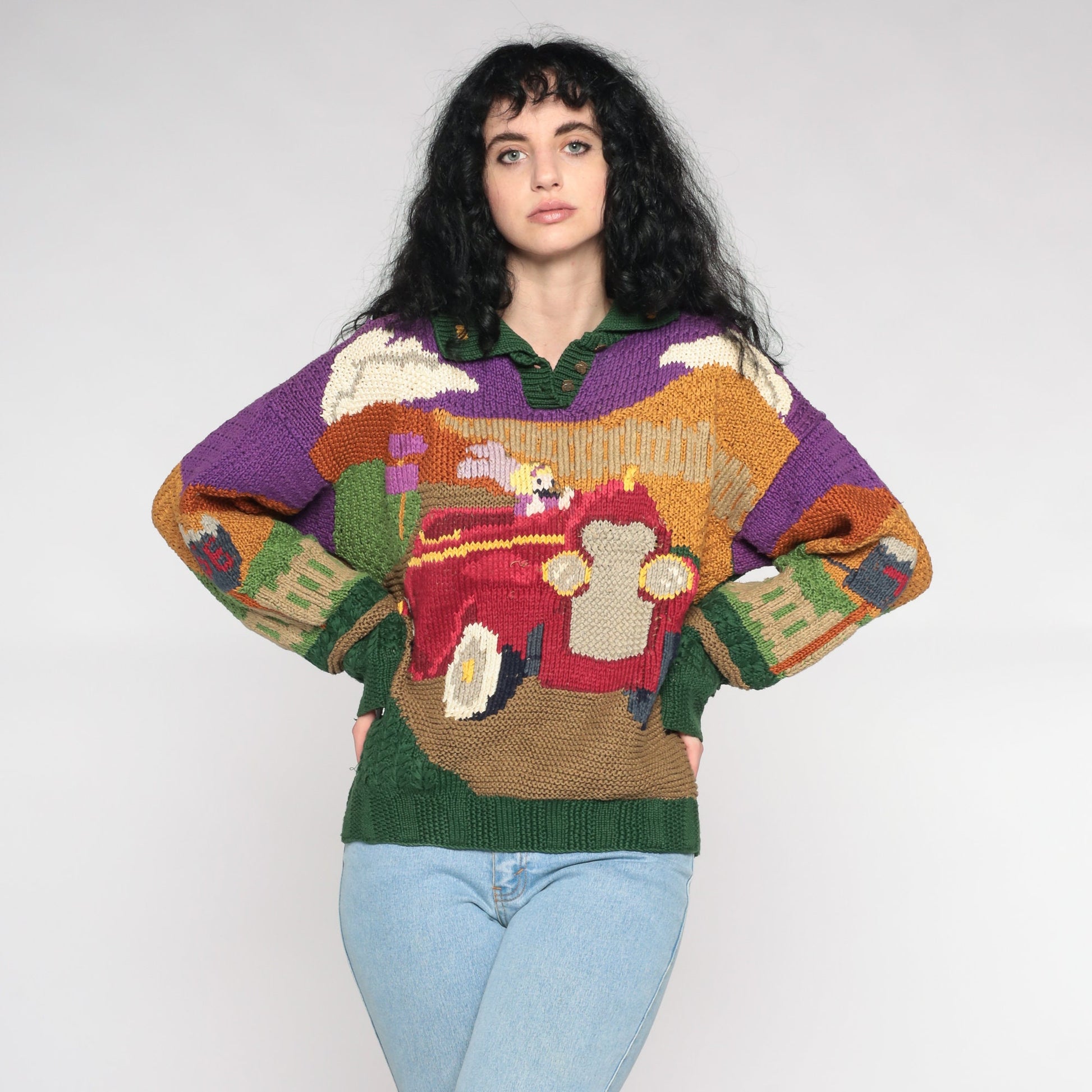 90s Princess Car Jacquard Knit Sweater Cotton Pullover Large L