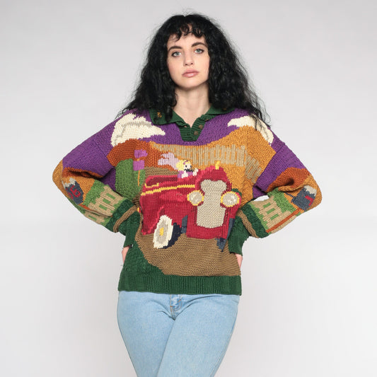 90s Princess Car Jacquard Knit Sweater Cotton Pullover Large L