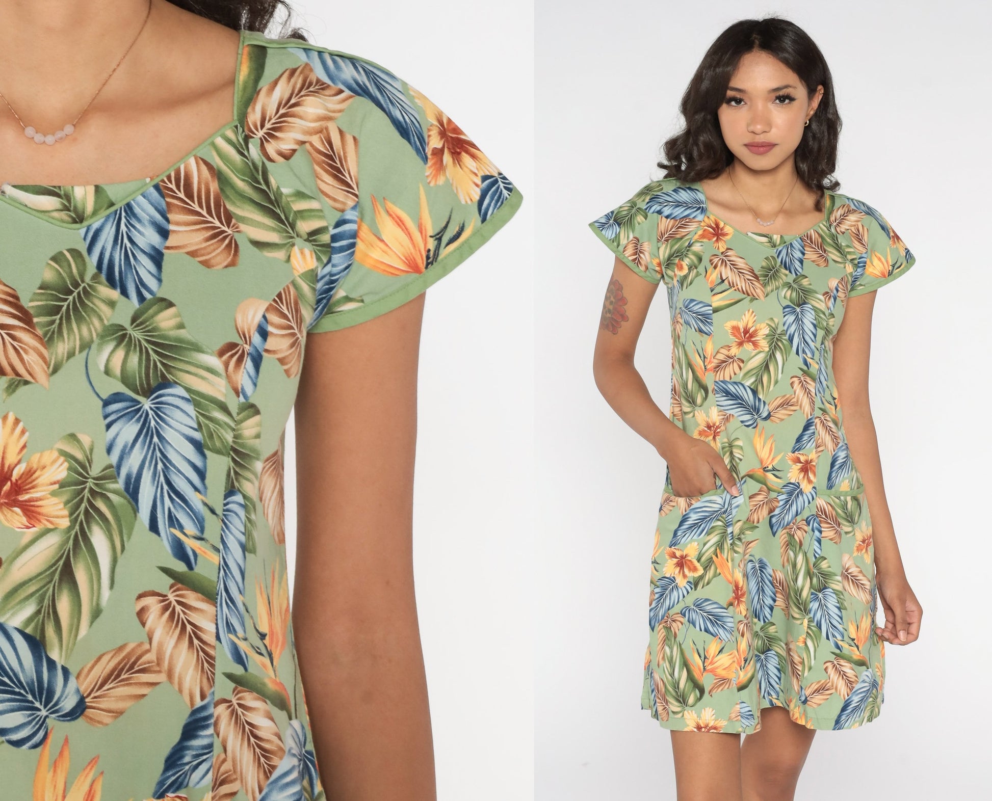 Y2K Tropical Floral Green Mini Dress Cap Sleeve Shift Cotton Extra Small