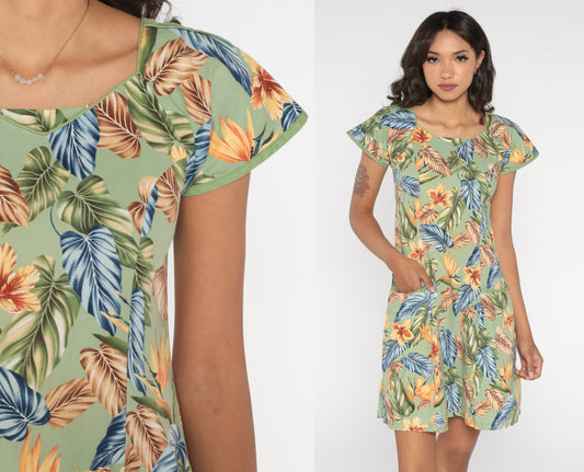 Y2K Tropical Floral Green Mini Dress Cap Sleeve Shift Cotton Extra Small