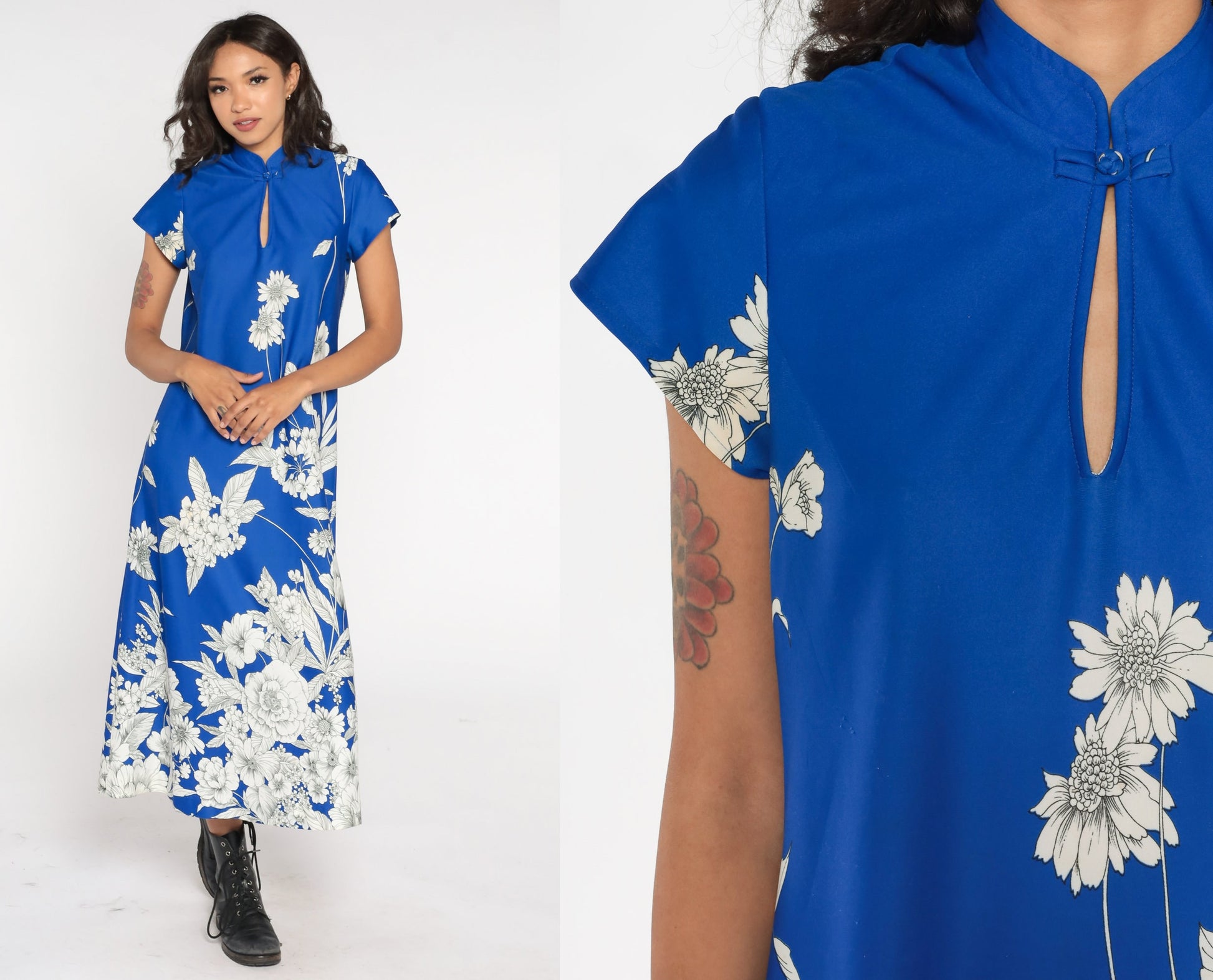 70s Blue Floral Maxi Dress Cap Sleeve Mandarin Collar Keyhole Medium