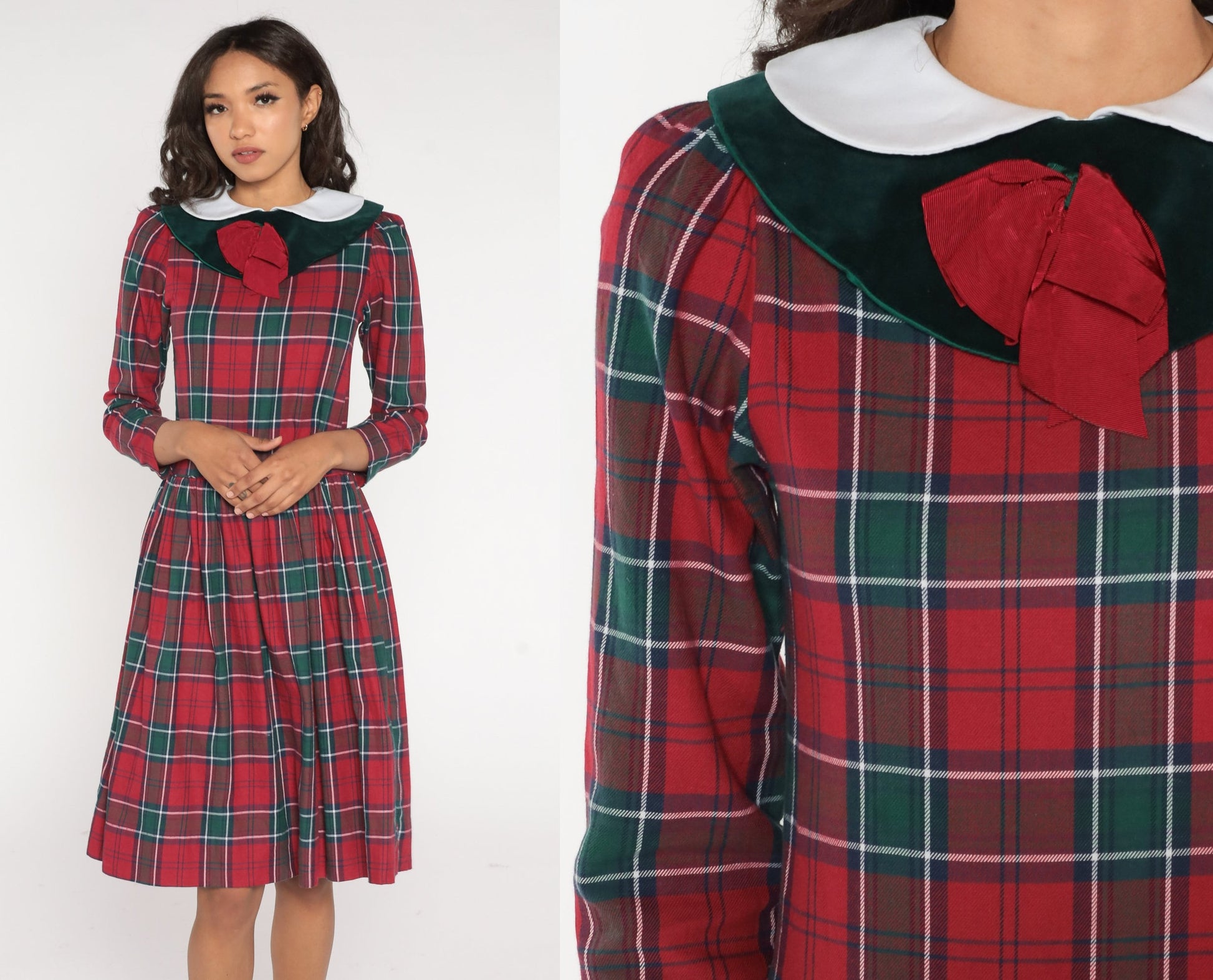 80s Red Plaid Midi Dress Peter Pan Collar Puff Sleeve Drop Waist Extra Small