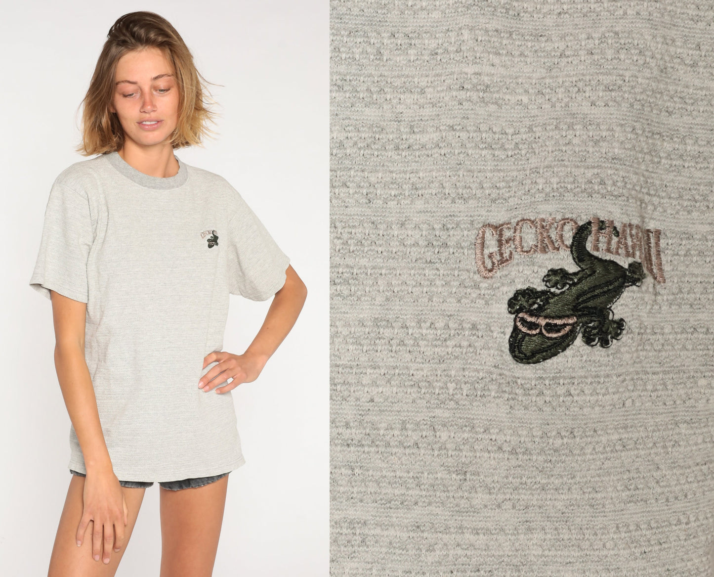 90s Gecko Hawaii Embroidered Logo T-Shirt Heather Grey Ribbed Cotton Large