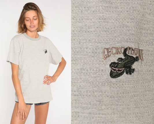 90s Gecko Hawaii Embroidered Logo T-Shirt Heather Grey Ribbed Cotton Large