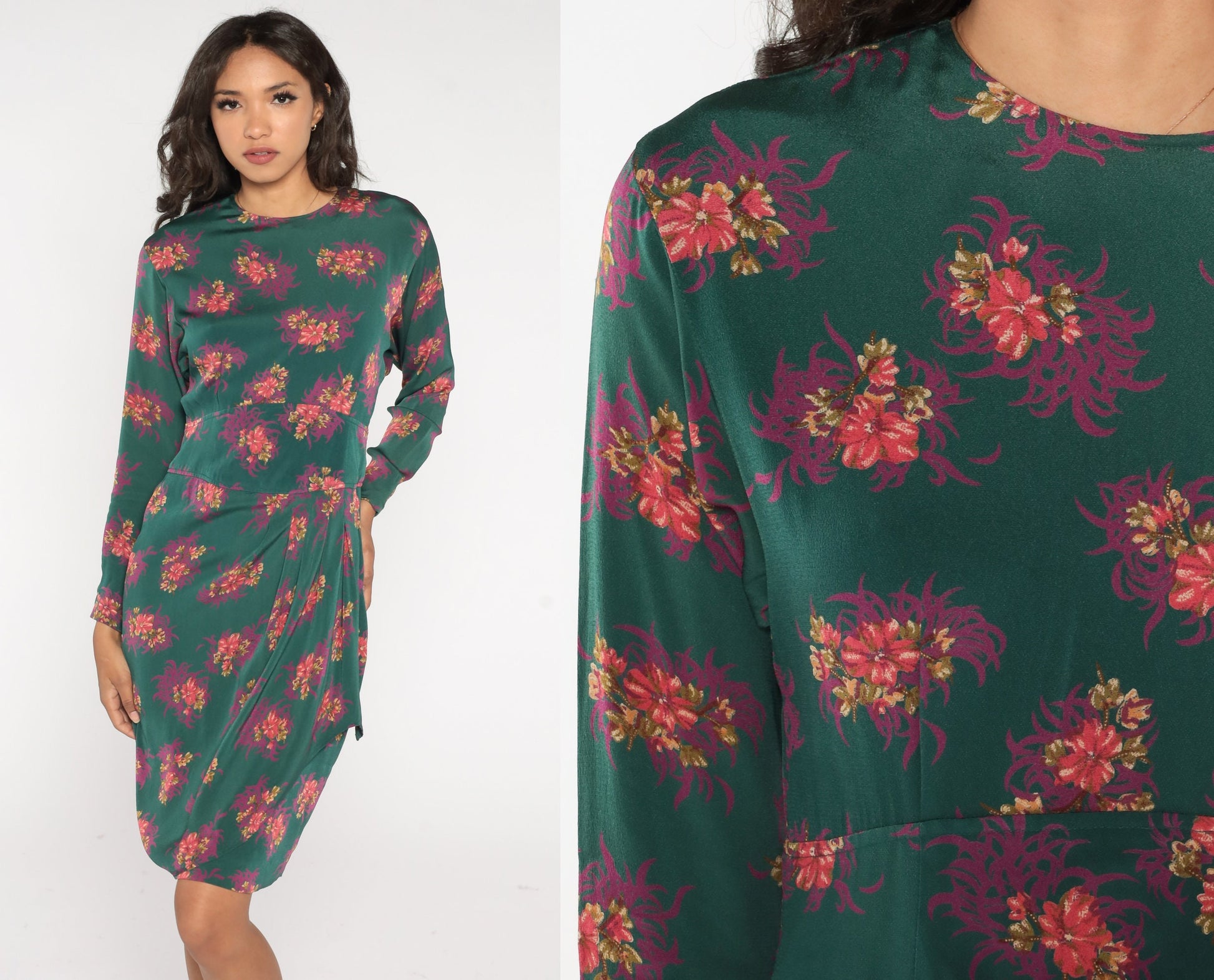 90s Liz Claiborne Green Floral Tulip Hem Sheath Dress Knee Length Medium