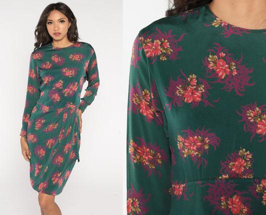 90s Liz Claiborne Green Floral Tulip Hem Sheath Dress Knee Length Medium