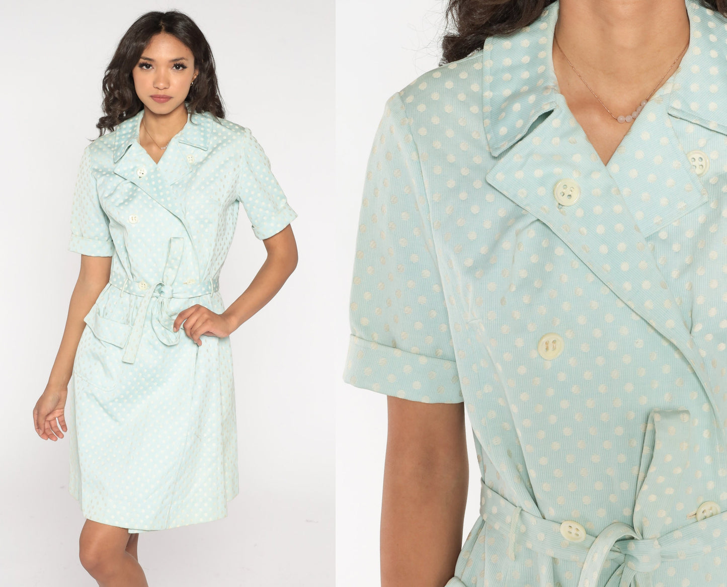 60s Baby Blue Polka Dot Mini Dress Double Breasted Button Up High Waist Medium