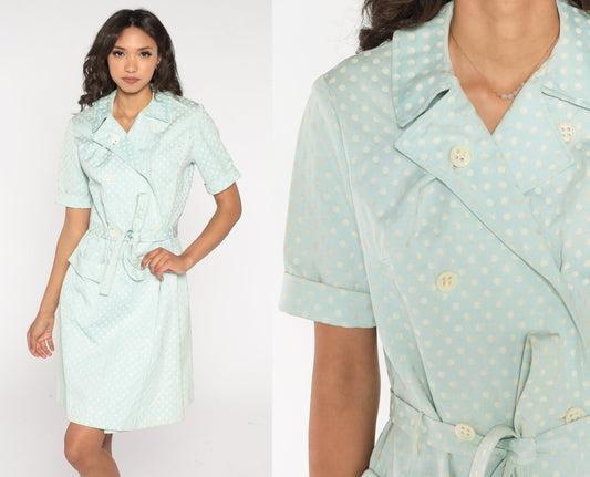 60s Baby Blue Polka Dot Mini Dress Double Breasted Button Up High Waist Medium