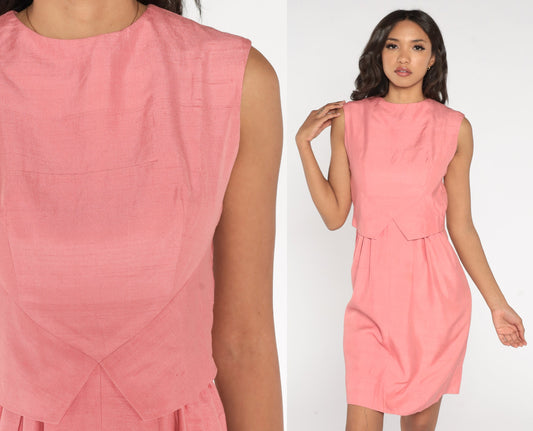1960s Pink Pencil Mini Dress Sleeveless Sheath High Waist Extra Small XS