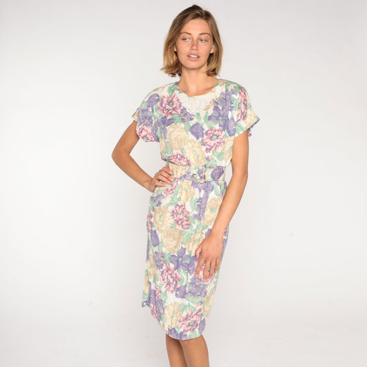 80s Floral Midi Dress White Lace Appliqué Belted Pencil Short Sleeve Small S