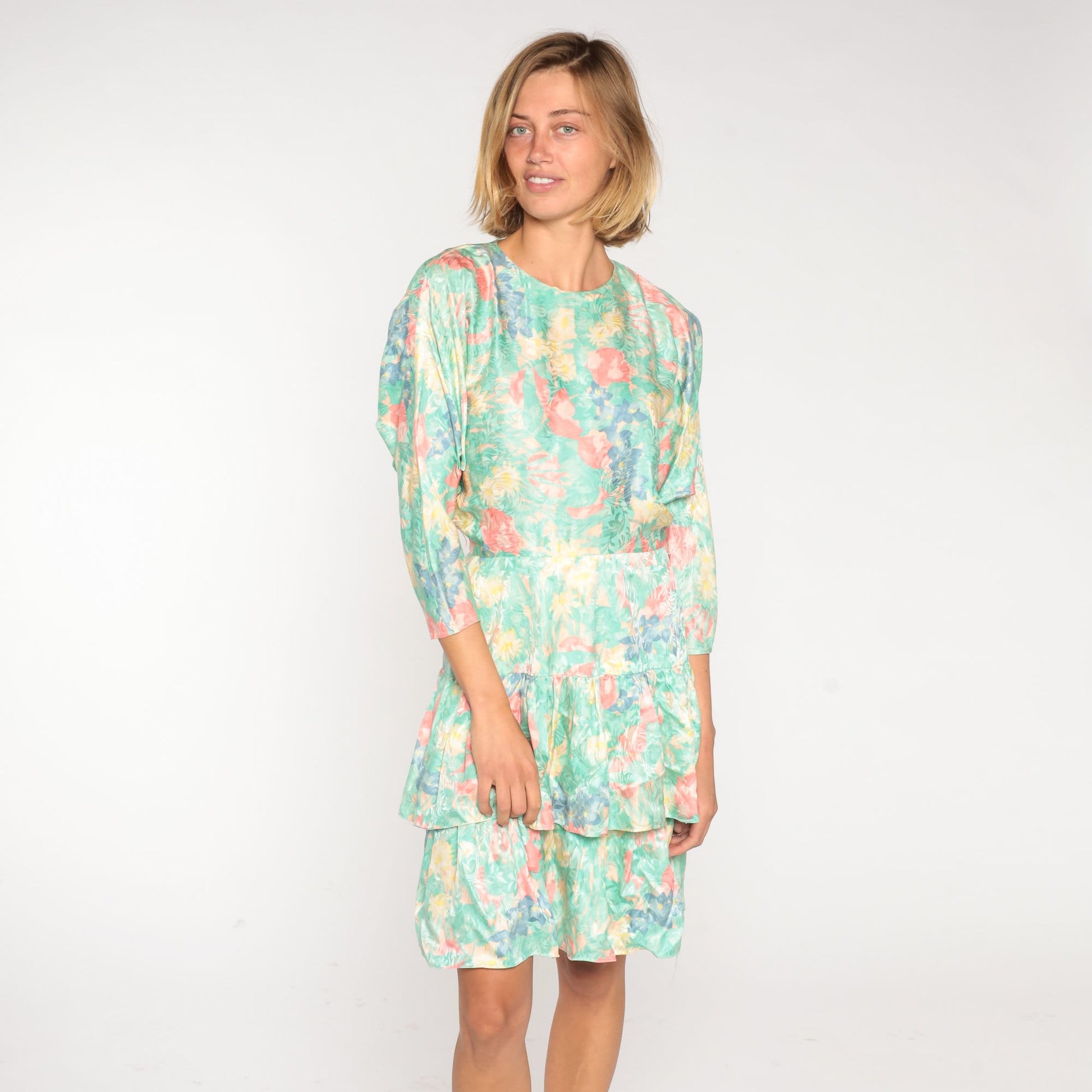 80s Silk Floral Mini Dress Green Print High Waist Tiered Long Sleeve Small 6