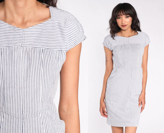 00s Pinstripe Mini Dress White Grey Sheath High Waist Pockets Small S