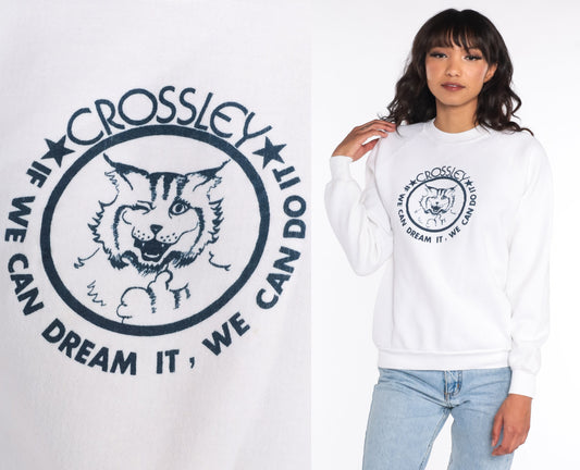 90s Crossley Bobcat Mascot Sweatshirt White Crewneck Slogan Medium