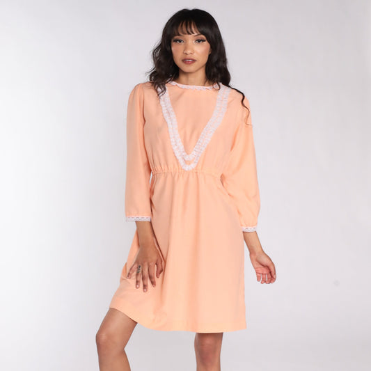 70s Peach Lace Mini Dress Puff Sleeve High Waist Medium