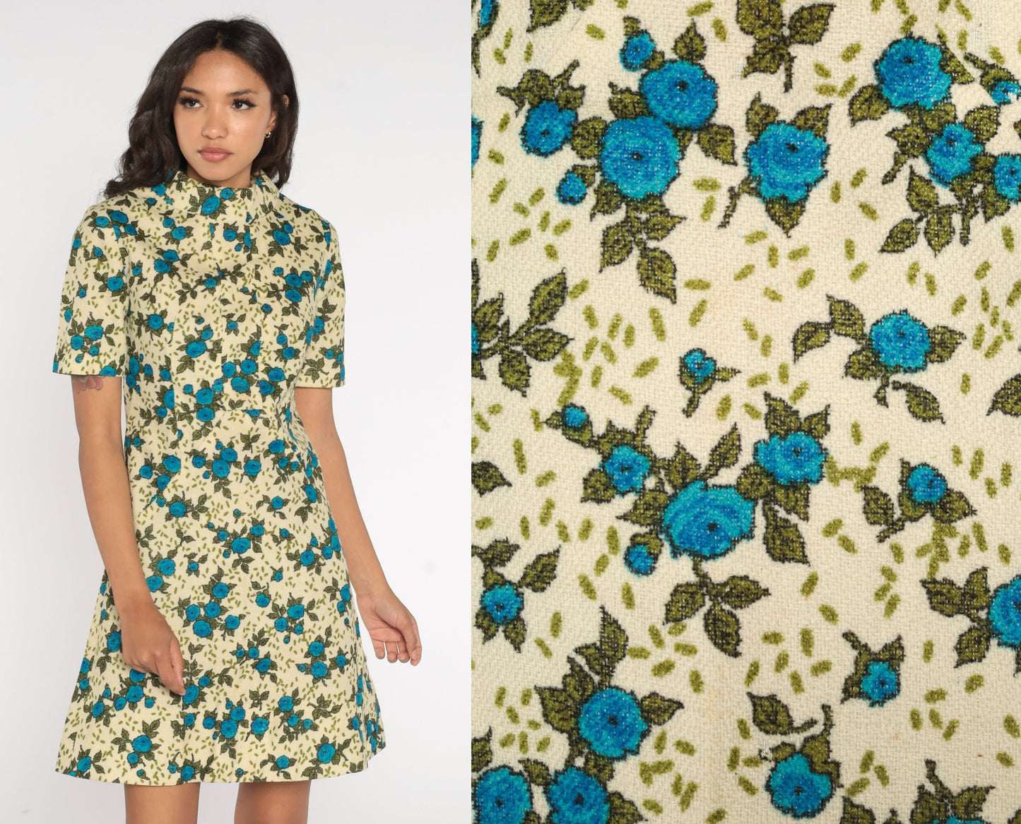 60s Floral Wool Blend Mini Dress Mock Neck A-Line Short Sleeve Cream Blue Extra Small