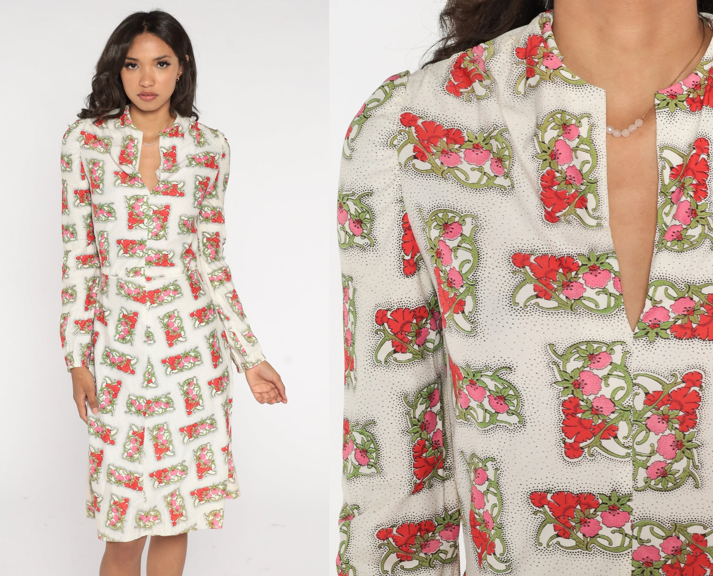 70s White Floral Midi Dress Long Sleeve V-Neck High Waisted Extra Small