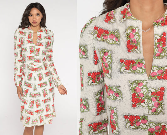 70s White Floral Midi Dress Long Sleeve V-Neck High Waisted Extra Small
