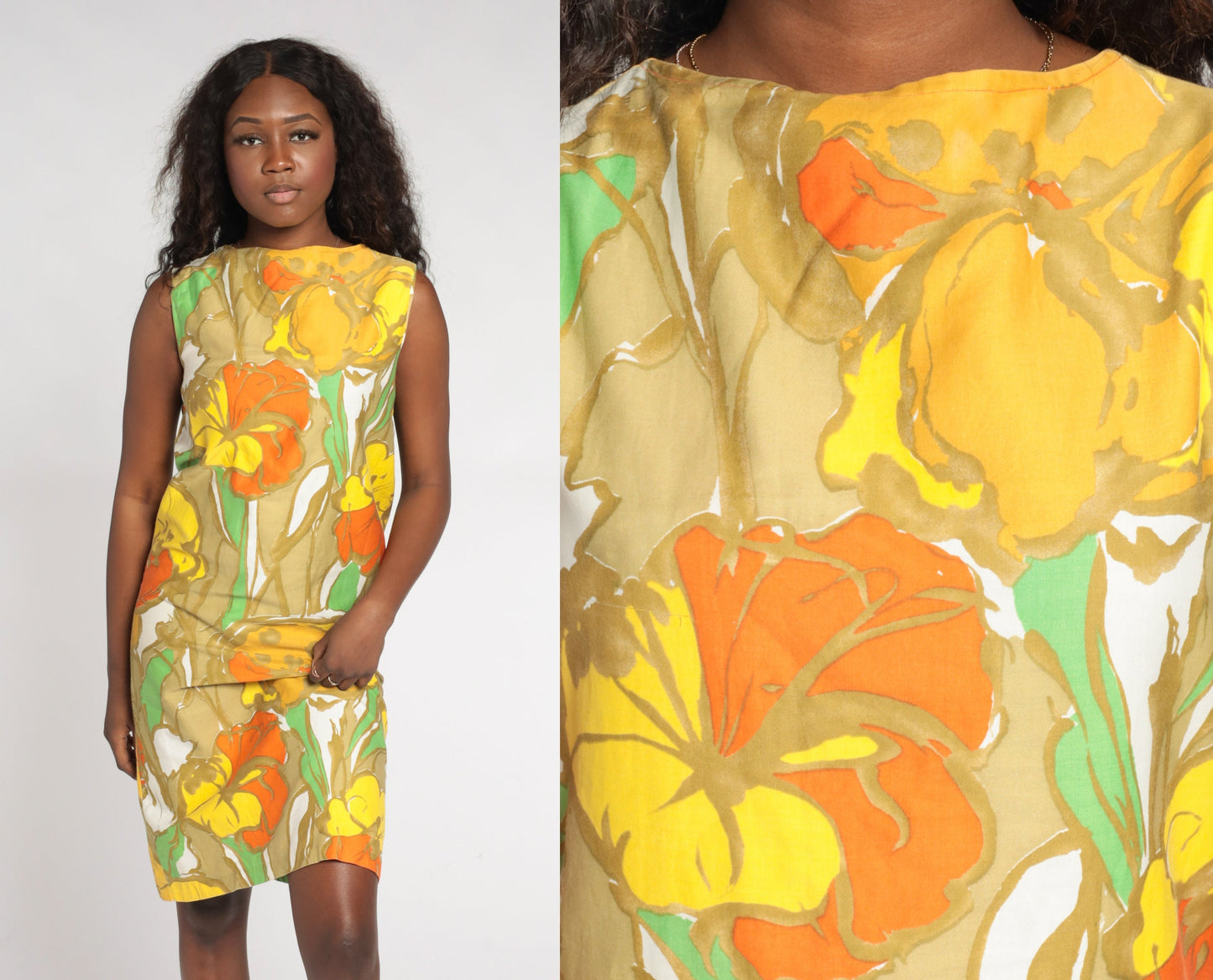 60s Mod Floral Shift Dress Knee Length Orange Green Tan Cotton Small