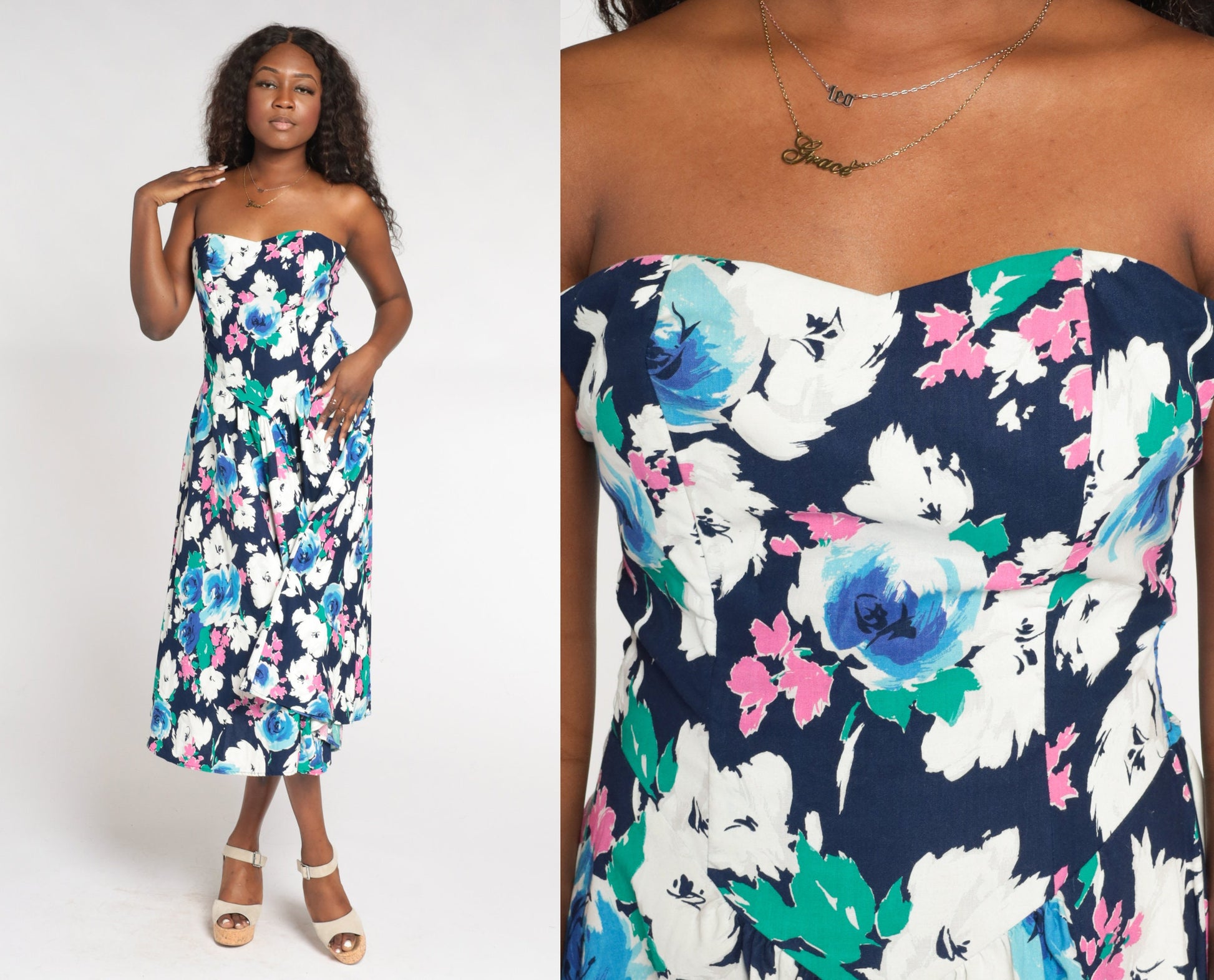 80s Floral Strapless Midi Dress Smocked Sweetheart Neckline Navy Rose Print Medium