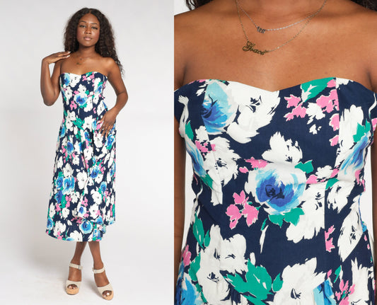 80s Floral Strapless Midi Dress Smocked Sweetheart Neckline Navy Rose Print Medium