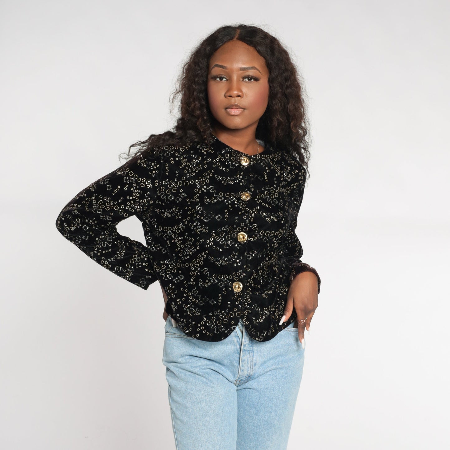 80s Black Velvet Blazer Gold Abstract Metallic Button-Up Medium M