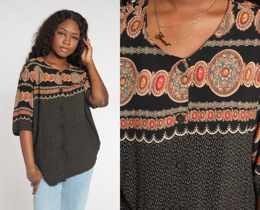 90s Black Abstract Medallion Print Button Up Shirt Rayon Short Sleeve Large L