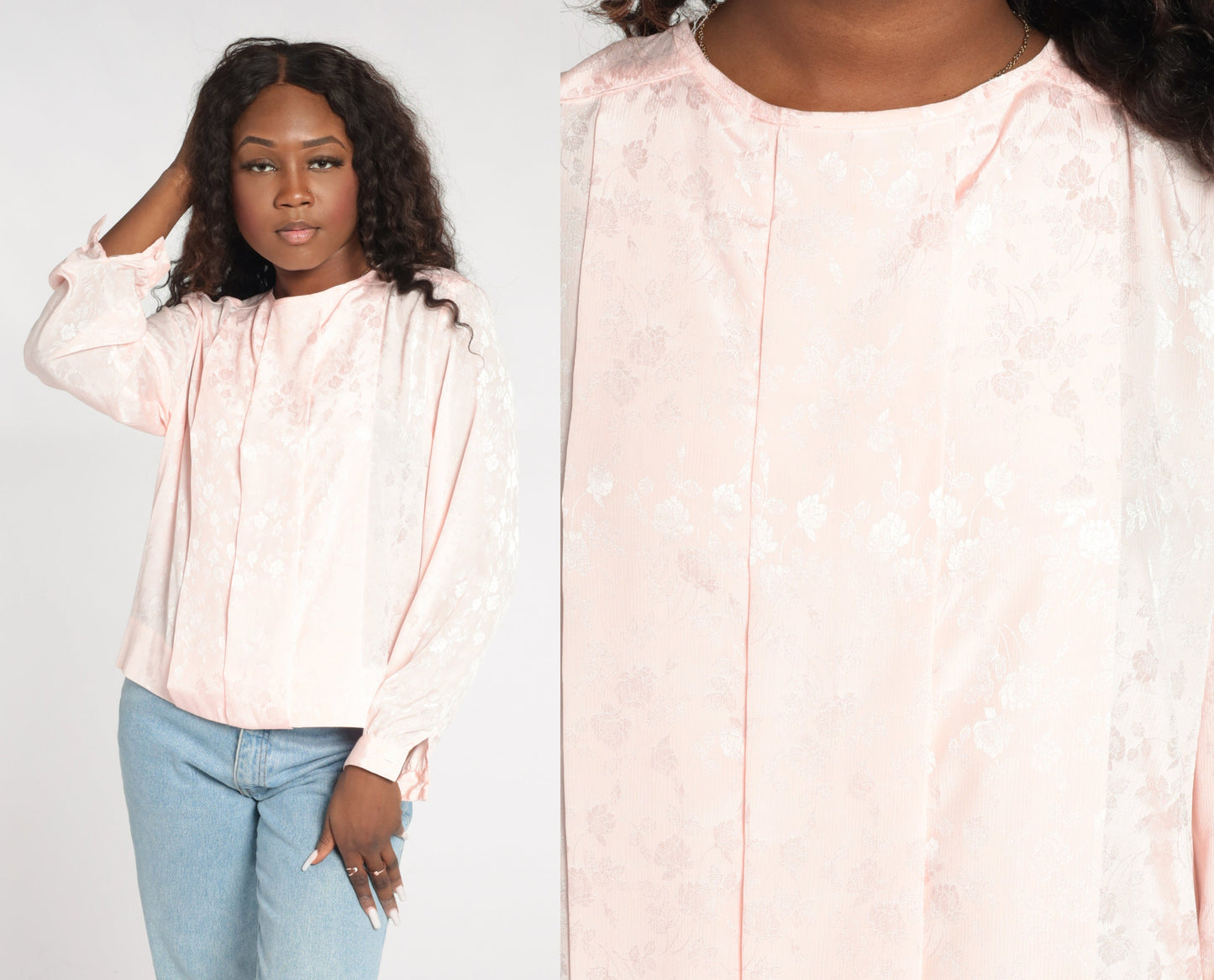 90s Baby Pink Embossed Floral Blouse Pleated Long Sleeve Large