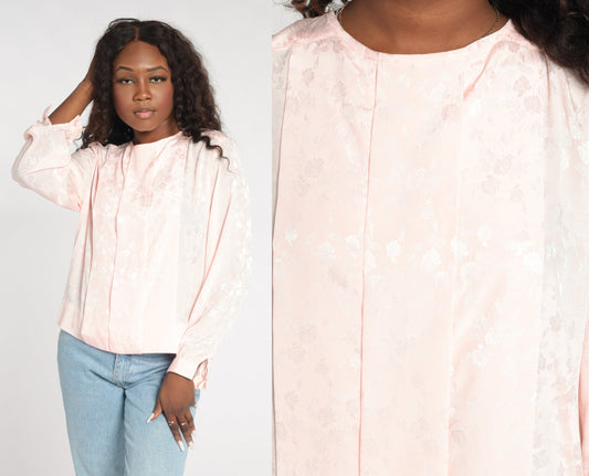 90s Baby Pink Embossed Floral Blouse Pleated Long Sleeve Large